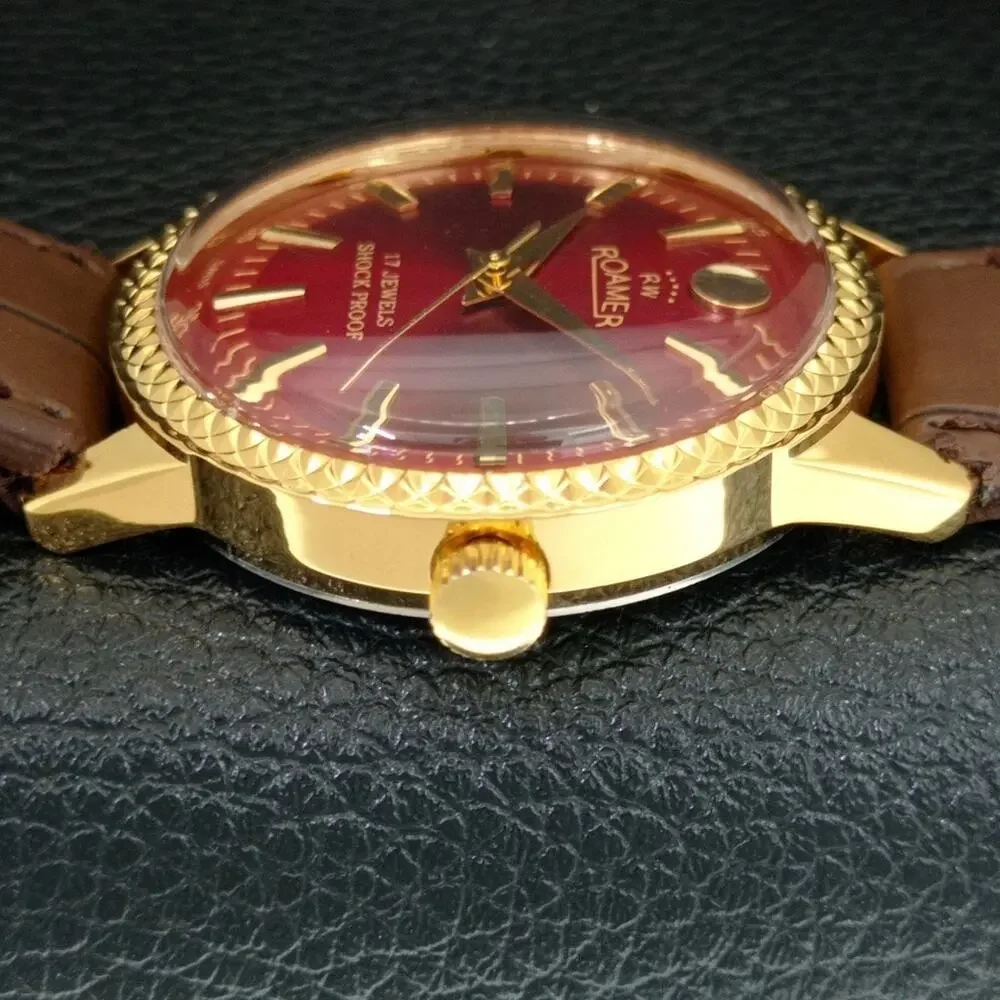 Vintage 1977 Roamer Manual Mens Gold Watch W/Leather Strap & Red accents
